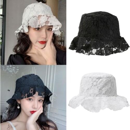 Women Elegant Floppy Lace Bucket Hat Embroidery Floral Sunscreen Wavy Wide Brim Packable Wedding Fisherman Cap
