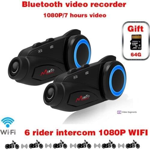 2PCS Motorcycle Helmet Intercom Group 6 Riders Interphone Headset Bluetooth WIFI DVR Cam Video Recorder Sony HD 1080P With 64GB