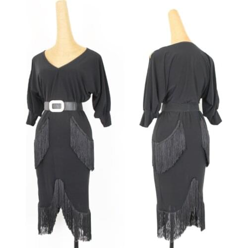 Latin Dance Dress Balck Bat Dew Arm Practice Fishtail Fringe Skirt Rumba Tango Salsa Samba Cha Cha Dancing Clothes Show DN3999