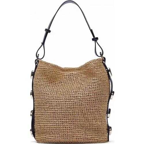 Woven Bucket Handbag Summer New High Quality Straw Bag Female Loader Bag Beach Travel Bag Shoulder Diagonal Luxury Brand Handbag
