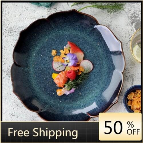 Flat Dinnerware Dinner Plates Blue Flower Shaped Japanese Nordic Dessert Plate Ceramic Design Dishes Vaisselle Decoration HX50DP