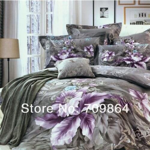 Luxury 100% Cotton Printed Flower Bedding Set Wedding Bed Sheet Cover set Duvet Cover Pillowcase Queen King 4pcs Grey rose lily