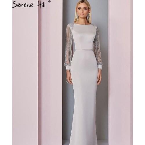Serene Hill Grey Satin Tassel Prom Dresses Gwons 2020 Beading Mermaid Elegant Long Prom Gowns LA6219