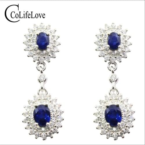 Dazzling silver sapphire drop earrings for party VS grade natural sapphire drop earrings solid 925 silver sapphire jewelry