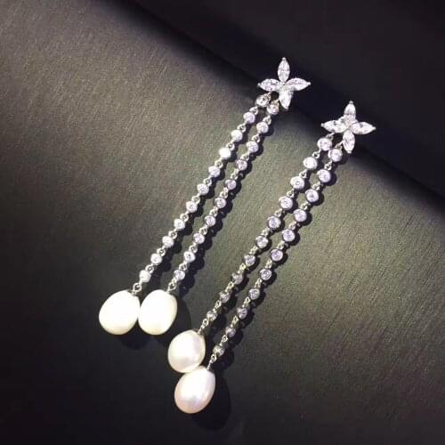 Long drop earring real natural fresh water pearl earring 925 sterling silver double layers fine women jewelry for party