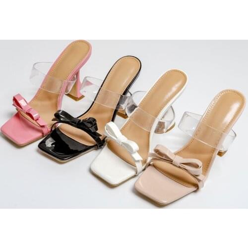 New High Heel Slippers Summer Fashion Design Slip On Square Toe Slides Women Mules Butterfly-knot Pumps Strange Style shoes