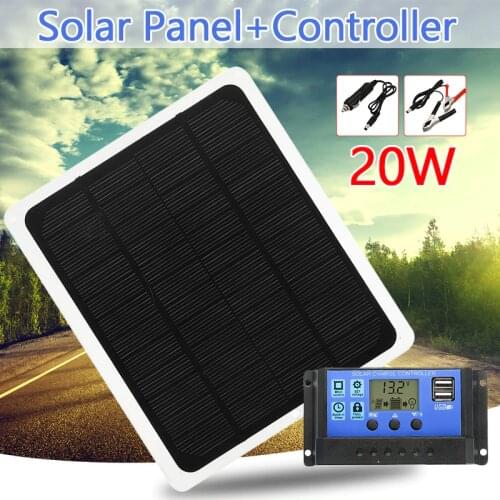 20W 12V Dual Output Solar Panel with Car Charger + USB Solar Charger 10/20/30/40/50A Controller for Outdoor Camping LED Light