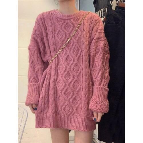 Overiszed Loose Knitted Women Sweater Pullovers Plaid O-Neck Winter Thicken Warm Solid Fashion Female Pulls Outwear Tops