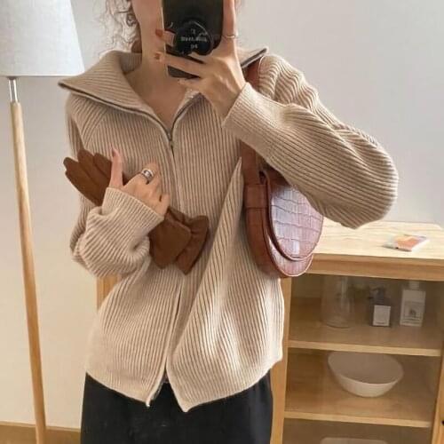 2021 Spring Autumn Korean Fashionable Female Tops Elegant Allmatch Turtleneck Zipper Sweater Knitted Cardigan Bolero Mujer
