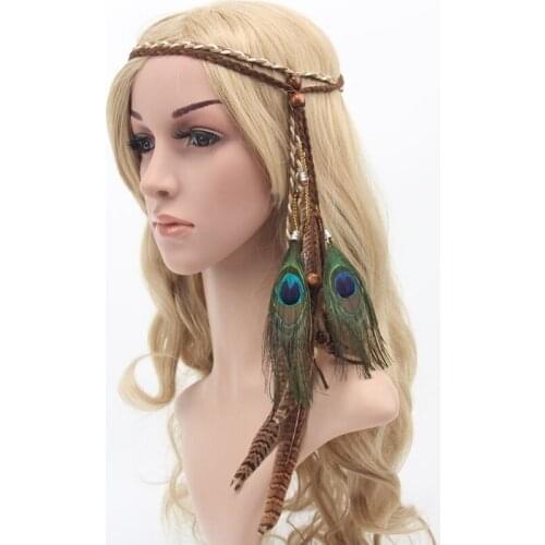 Vintage Bohemian Peacock Feather Headdress Braided Rope Headband Hairband Headband Headband Rope
