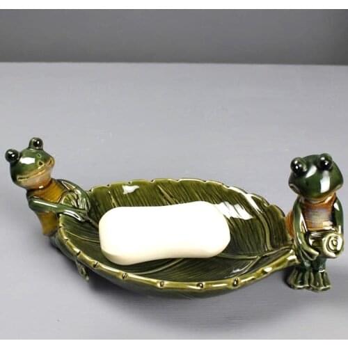 Funny Porcelain Frog Figurine Soap Dish Decorative Ceramic Leaf Soap Box Gift Craft Ornament Bathroom Supplies Daily Necessities