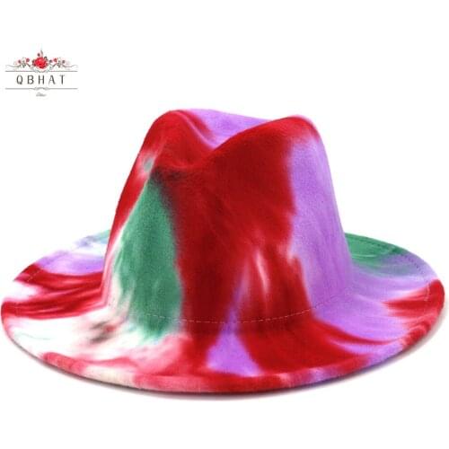 QBHAT New Wide Brim Tie Dye Fedora Hats for Women Men Autumn Winter Ladies Vintage Fascinator Multicolor Panama Felt Jazz Hat