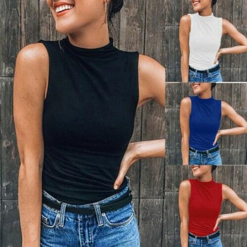 Women Sleeveless Turtleneck Solid Casual Vest Slim Tank Tops T Shirt Tees
