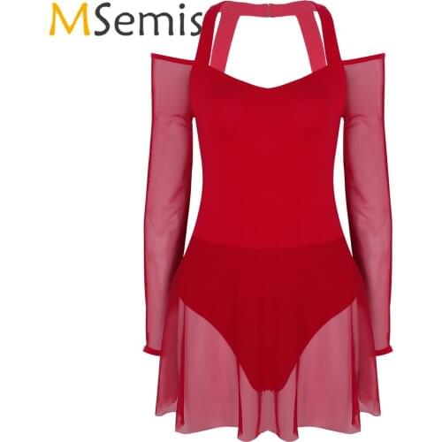 Female Women Ballet Dress Adult Off Shoulder Long Sleeve Gymnastic Leotard Bodysuit Stage Performance Lyrical Dance Costumes