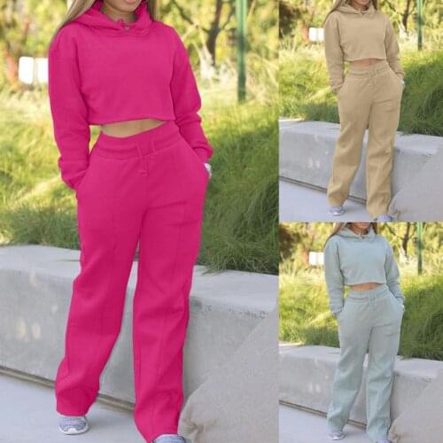 Two-piece Set Stylish Drawstring Crop Top Pants Hoodie Suit Wide Legs Pants Suit Drawstring for Going Out