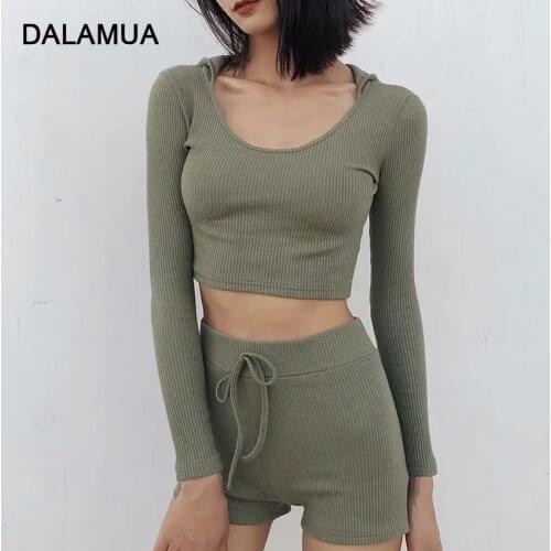 Women Tracksuit Knitted Hoodies Long Sleeves Crop Top Shorts Two Piece Sets Lady Sports 2021 Spring New Slim Casual Female Suits