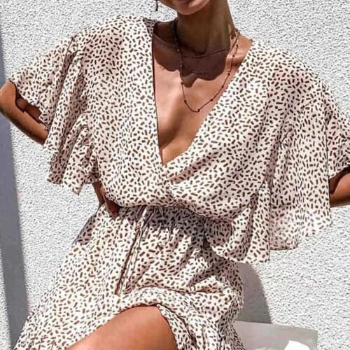 Women Summer Dress Boho Fashion Sexy Deep V-neck Loose Print Casual Dress Ruffles Short Sleeve Mini Beach Dresses Robe Femme