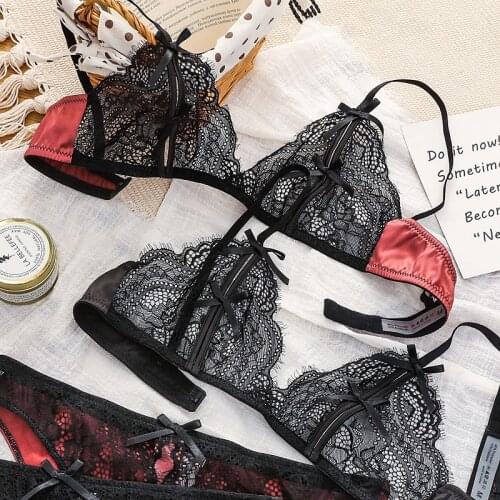 Triangle cup small chest flat chest underwear women thin summer lace thin shoulder strap lingerie beauty back ultra-thin bra set