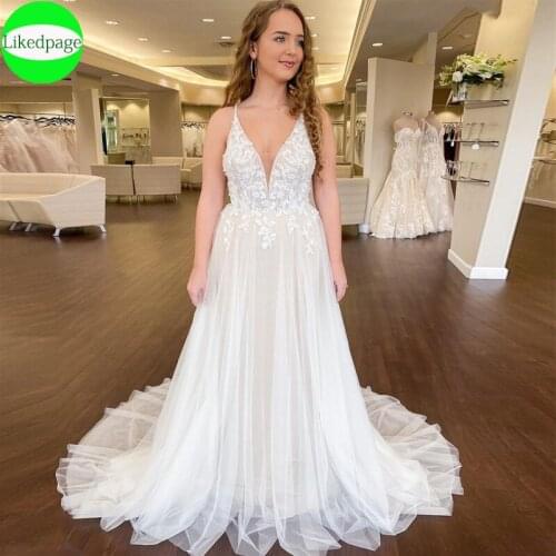 Boho Wedding Dress 2021 Vestidos De Novia Sexy V Neck Illusion Robe Mariage Lace Appliques Bride Gown Spaghetti Straps Trouwjurk