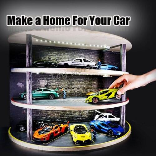 1:32 Round Garage Simulation Car Model Garage Scene Display Box with Light Wooden Model Car Model Collection and Storage Modelin