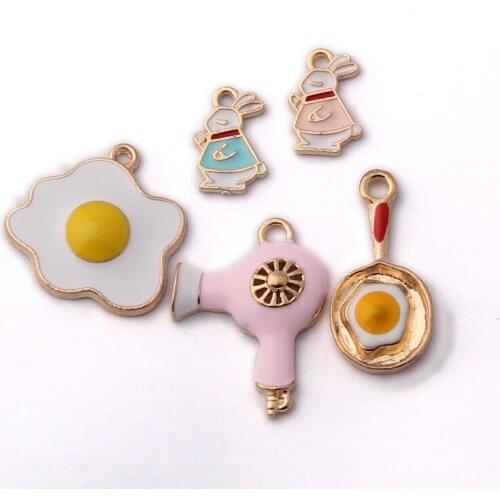 10pcs/lot Cartoon Hair Dryer Frying Pan Poached Egg Rabbit Enamel Charms For Necklace Bracelet DIY Jewelry Making Accessories