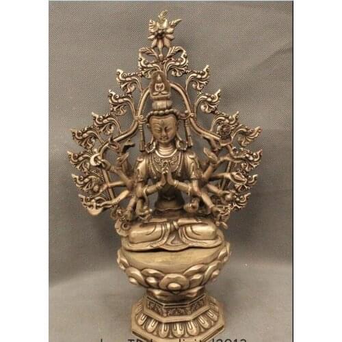 13"China Tibet Buddhism Folk Silver Sit 18 Arms Avalokiteshvara of Goddess Statu