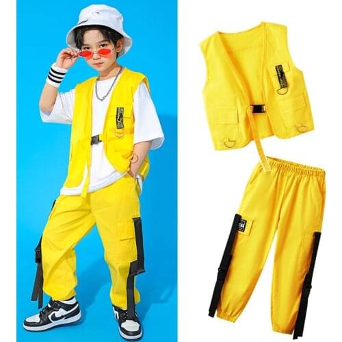 2021 Fashion Hip Hop Rave Clothes Yellow Loose Vest Hiphop Suit For Boys Girls Modern Dance Hip Hop Performance Costumes DQS7474