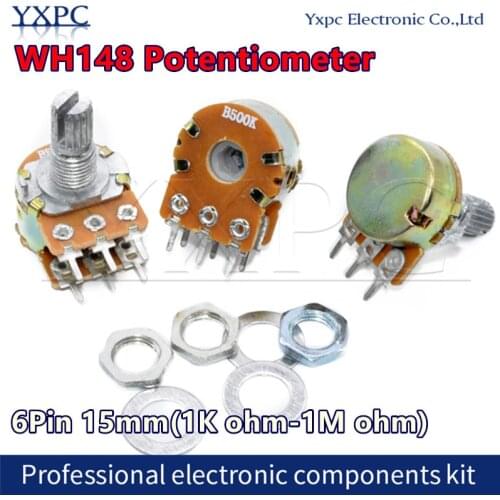 5pcs WH148 B1K B2K B5K B10K B20K B50K B100K B500K 6Pin 15mm Shaft Amplifier Dual Stereo Potentiometer 1K 2K 5K 10K 50K 100K 500K
