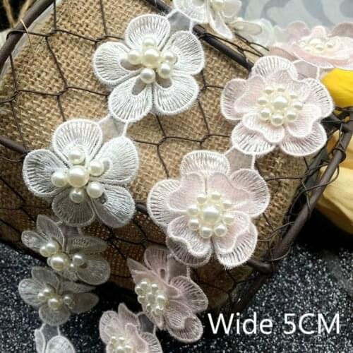 9PCS Luxury White 3D Flowers Beads Embroidery Lace Applique Trim Ribbon Collar Neckline Dress Clothes Decorated Sewing Supplies