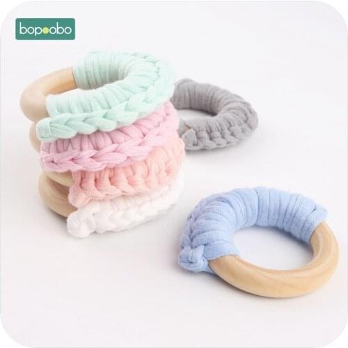 Bopoobo 5pc 56mm Wooden Teethers Cloth Half Rings Cotton Handmade DIY Baby Accessories BPA Free Waldorf Wood Ring Baby Teethers