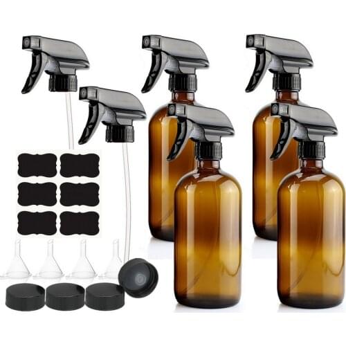 4 Pack 500ml Amber Glass Spray Bottle with Trigger Sprayer for Essential Oils Cleaning Aromatherapy 16 Oz Empty Refillable Brown