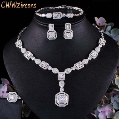 CWWZircons 4 pcs Luxury White Cubic Zircon Women Wedding Costume Jewelry Sets for Brides Dubai Gold Color Party Accessories T483