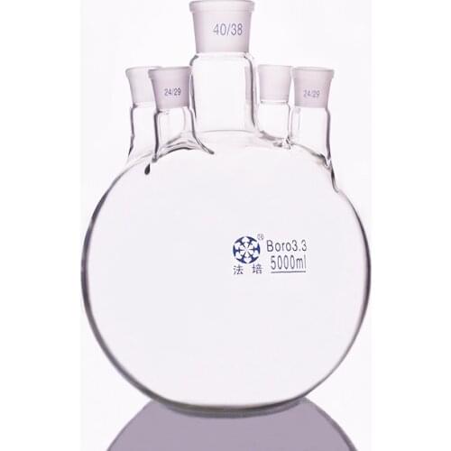 Five-necked flask straight shape,with Five necks standard ground mouth 5000ml,Main 40/38,Side 24/29,Flat bottom flask