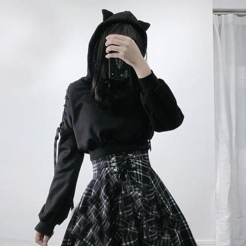 Harajuku Sweatshirt Women Punk Gothic Hoodie Autumn Winter Plus Velvet Hollow Out Lace Up Long Sleeve Cute Cat Ear Hoodies