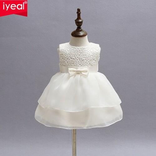 IYEAL Newborn Baby Girls Princess Birthday Party White Formal Christening Gown Dress with Bow Dresses for 0-24 Months