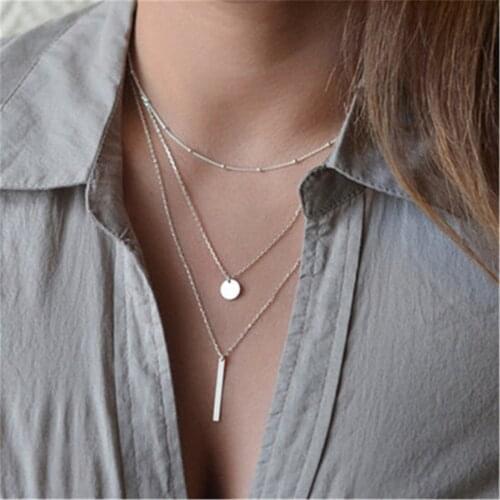 Multi Layer Boho Long Necklace With Disc Bar Pendant For Women Creative Pendant Necklace Clavicle Chain Creative Gift Set