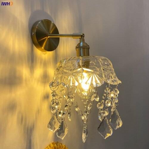 IWHD Japan Style Crystal Glass Wall Light Fixtures Switch Bedroom Bathroom Stair Beside Lamp Copper Nordic Modern Wall Sconce