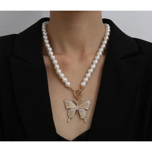 New Elegant Pearl Beads Chain Rhinestone Butterfly Pendant Necklaces Lady Bridal Summer Jewelry Necklace Gift