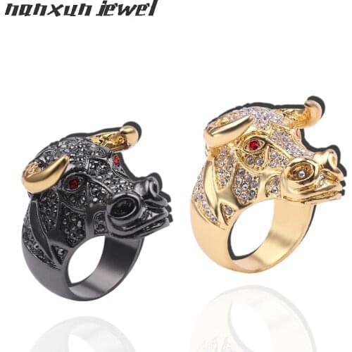 New Punk Animal Bull Head Ring Men Gold black Color Micro Pave Rhinestone Hip Hop Rings for Men Jewelry Gifts for Rapper
