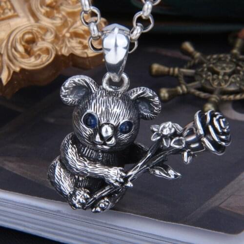 Lovely Koala Hug Roses Real 925 Sterling silver Blue Eyes Necklace Pendant Designer Jewelry Women Men Christmas present