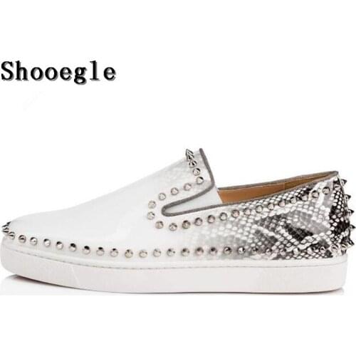 SHOOEGLE Newest White Rivets Printing Snakeskin Men Loafers Shoes Slip On Spikes Mens Flat Shoes Fashion Handmade Casual Shoes