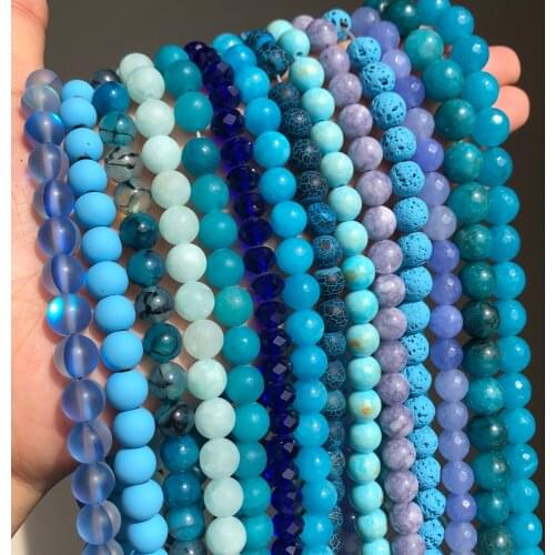 Blue Style Natural Stone Turquoises Agates Jades Lapis Lazuli Amazonite Round Beads For Jewelry Making DIY Bracelet 15'' 6-8mm
