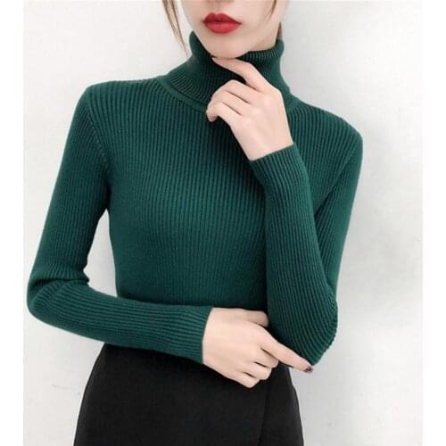 Turtleneck Women Sweater Autumn Winter Stylish Ribbing Knitted Pullover Solid Color High Stretchy Knitted Top Women Streetwear