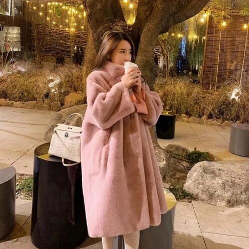 Korean Style Stand Collar Thicken Warm Long Faux Fur Coats Winter Loose Overcoat Office Plush Cardigan Outwear Pink Black Coats