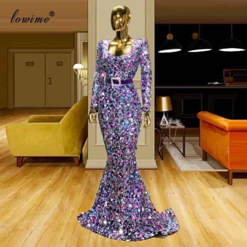 Multi Color Sequins Prom Dresses 2020 Mermaid Long Sleeves Formal Evening Gowns Dubai Cocktail Party Dresses вечернее платье