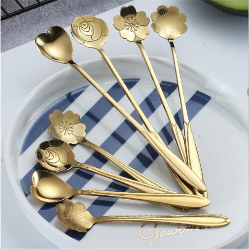 Stainless Steel Cake Spoon Coffee Mixing Spoon Golden Cherry Blossom Spoon Creative Rose Spoon Wedding Gift Kitchen Utensils-S