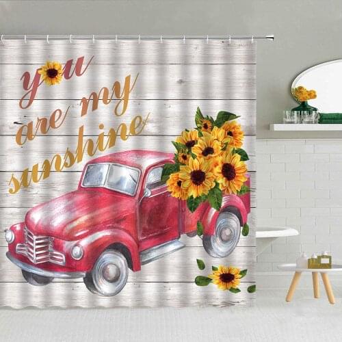 3D Hand Drawn Truck Shower Curtain Flower Sunflower Green Leaf Station Wagon Polyester Fabric Bathroom Supplies Hanging Curtains