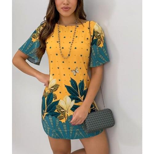 Women Summer Pencil Dress Fashion Casual O-Neck Short Sleeve Natural Wind Big Flower Leaf Print Mid Waist Slim Hips Mini Dresses