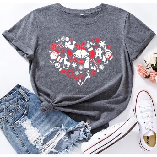 Women Casual Cute Christmas Heart Print 100% Cotton Lovely T Shirt O Neck Short Sleeve Female Fashion Christmas Top Clothes