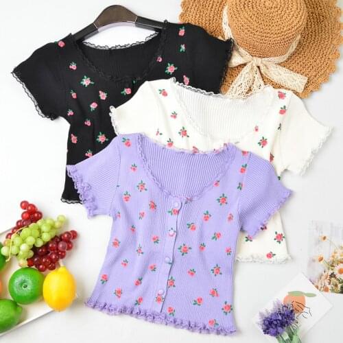 HELIAR Knitted T-shirts Women Buttoend Up Flounce Hem T-Shirts Floral Printed Top Casual Cute Women T-Shirts 2020 Summer